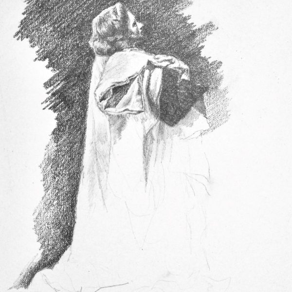 A pencil drawing of a woman in draped clothing looking up at something out of frame.