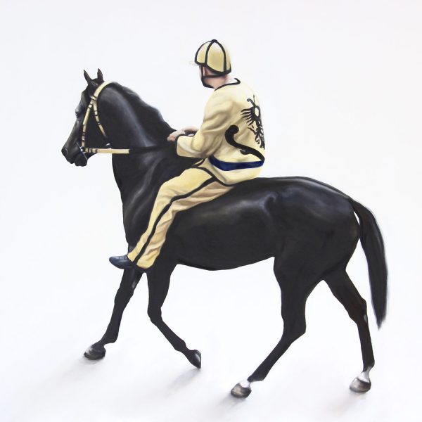 A painting of a dark horse with a jockey riding bareback, dressed in yellow racing silks. The background is white.