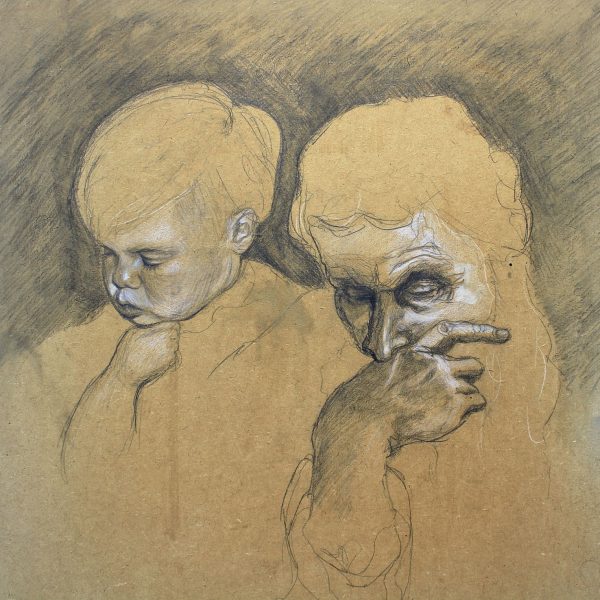 A pencil drawing on a brown background of an old man and a young child both concentrating on something out of frame.